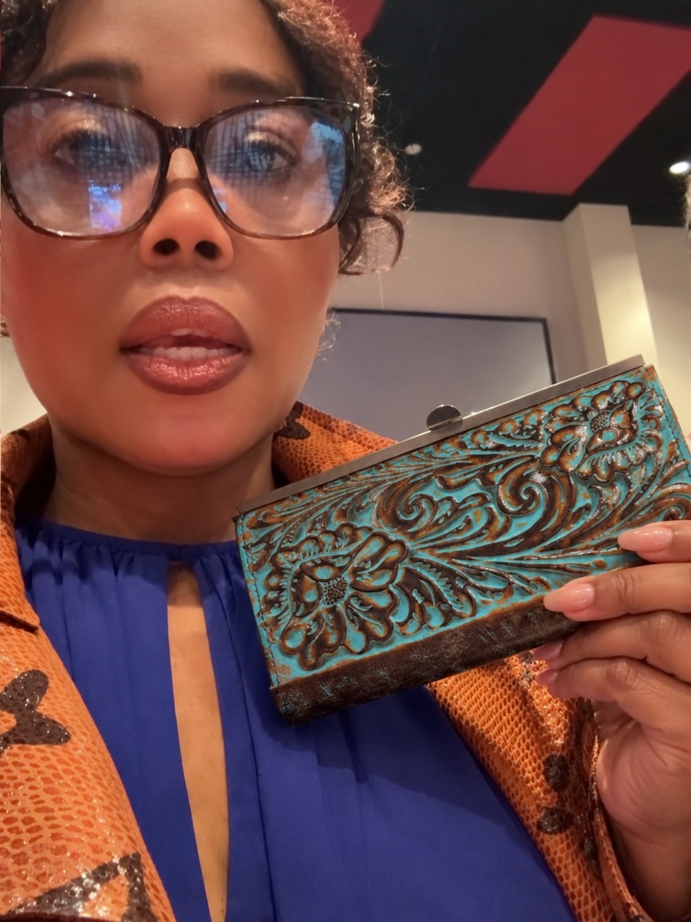 Patricia Nash Turquoise Tooled Floral Leather Wallet Clutch with Brown Accents, - Picture 6 of 6